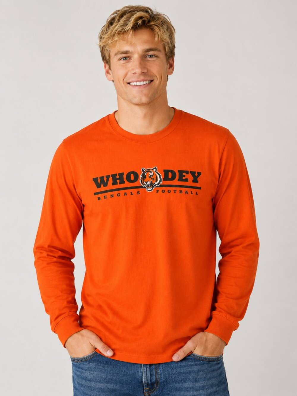NFL Bengals Long Sleeve Tee Orange "Who Dey" Graphic Design Size Large Cotton